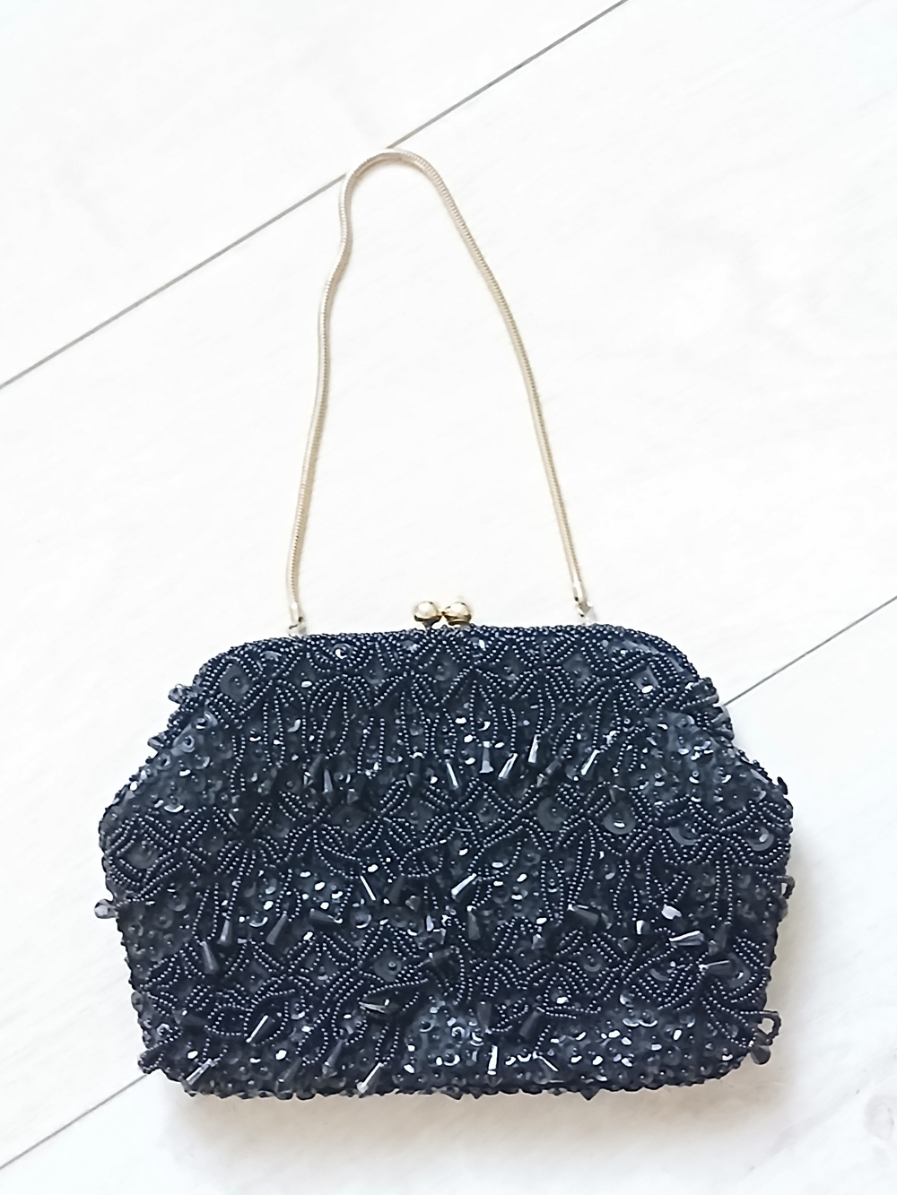 Vintage black beaded clutch/ bag, Art Nuvo style,8x5,with golden strap,mint